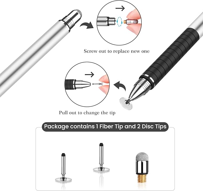 Mixoo Universal Stylus Pen for Touchscreen iPhone iPad Android Tablet Apple Kindle Switch Chromebook Galaxy All Touch Screens, Disc & Fiber Tip 2 in 1 Stylus Pens for Touch Screens (6 Pack Grey)