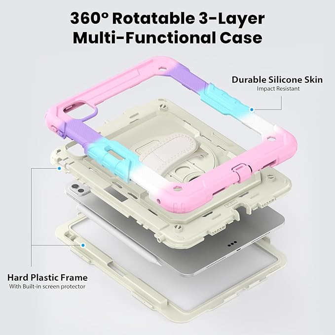 Dteck for iPad Pro 11 inch (M4/M5) 2024/2025 Shockproof Case with Screen Protector/Stylus Pencil Holder/Rotating Kickstand/Grip Hand Strap, Heavy Duty Protective Rugged Tablet Cover, Colorful Pink