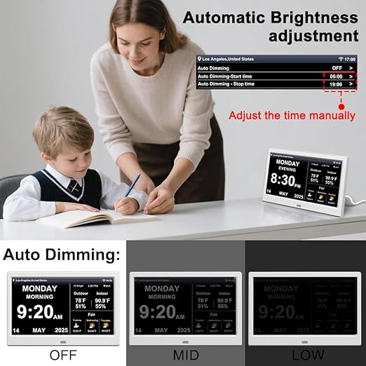 2025 Digital Clock with Auto Time Sync, Weather Forecast, Perpetual Calendar, Photo Frame, Temperature/Humidity Sensor & Custom Alarms - Large Display (White, 10.1 inch)