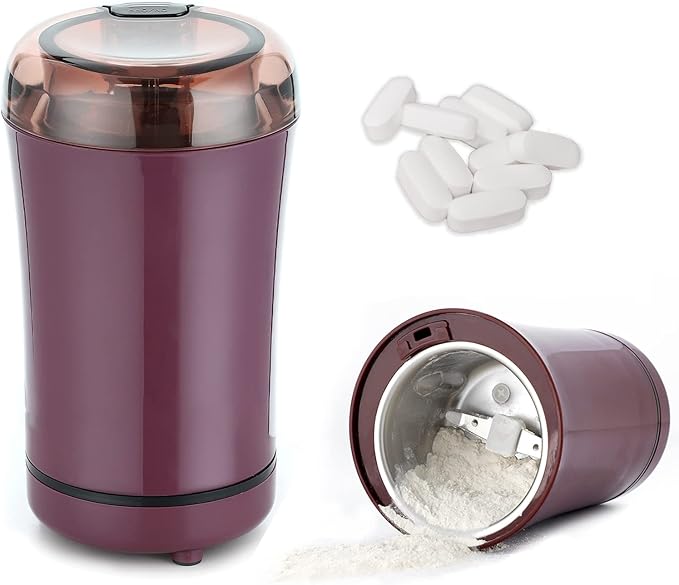 Electric Pill Crusher and Grinder - Fine Powder for Small or Large Pills, Elders or Pets. Coffee Bean Grinder. (Purple)