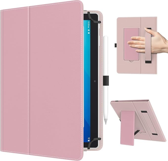 TiMOVO Universal Case for 10.1 Inch Android Tablet with Pen Loop, Lightweight Folding Stand Cover with Hand Strap for All 9.6"-11" Touchscreen Tablet, Light Pink