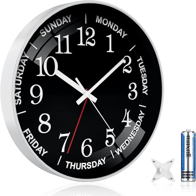 QINFIEY 12 Inch Day of Week Wall Clock, Non Ticking Modern Clocks Battery Operated，Analog Day Clock for Seniors Eldly，Classic for Office Home Classroom Bedroom School,Unique Gift Clock