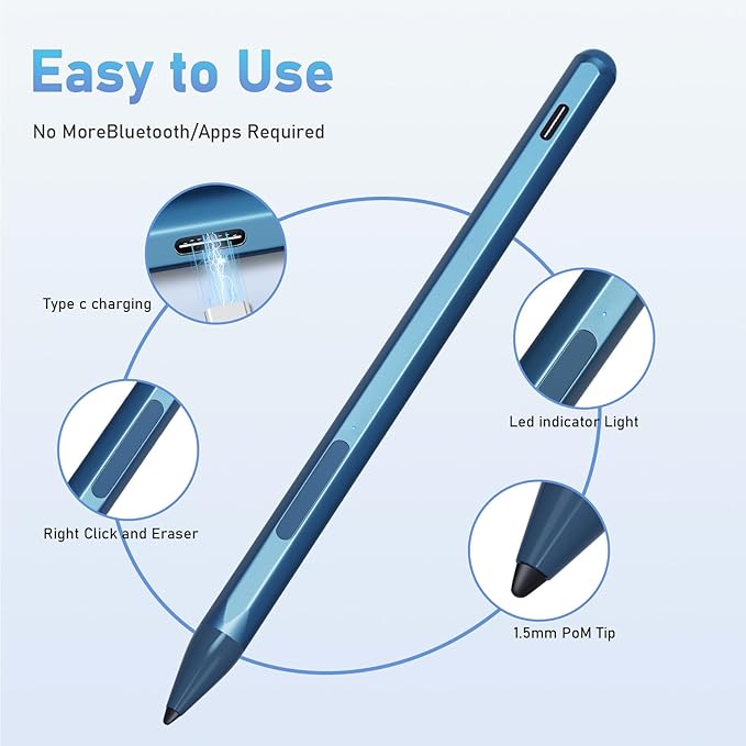Stylus Pen for HP Envy X360 Pavilion X360 Specter X360 Spectre X2 Envy X2 Rechargeable MPP 2.0 Tilt Active Pen with 4096 Pressure Sensitivity, Palm Rejection, Tpye-c Charge, Blue