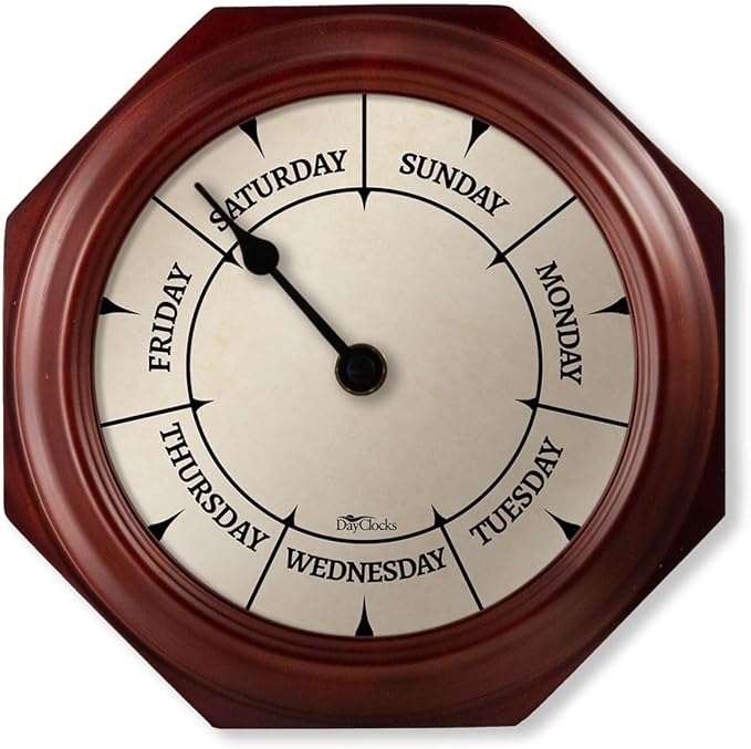 Classic Day of The Week Wall Clock - 10" Solid Mahogany Wood Frame, Ideal Retirement Gift for Men and Women, Day Clock for Seniors and Retirees