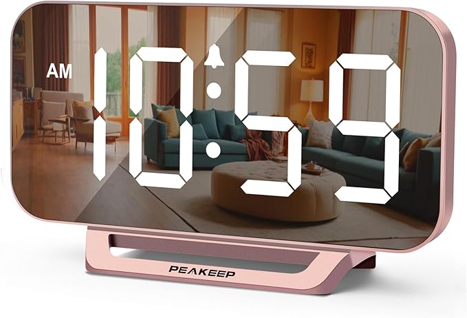Peakeep Slim Digital Mirror Aesthetic Alarm Clock for Bedroom Living Decor, Plug in Electric Clock Big LED Modern Small Table Clock for Office Desk, Battery Backup, 6 Dimmers (Rose Gold)