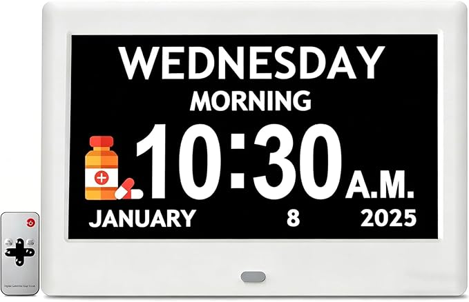 2025 NEW, Digital Clocks, 7'' Dementia Clock with Date and Time for Elderly, Auto-Dimming, 12 Reminders & 6 Alarms, Button & Remote Control, Auto DST, Digital Calendar for Seniors Large Display
