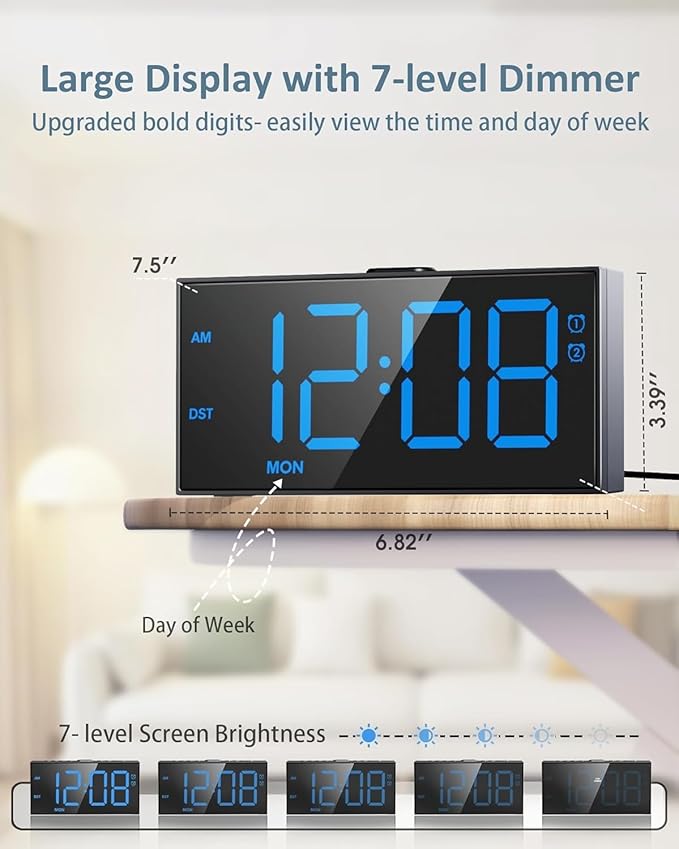 Roxicosly RGB Display Vibrating Alarm Clock with Bed Shaker for Heavy Sleepers Adults, 7-Level Dimmer, Dual Alarms with Weekday & Weekend Mode, Large Digits, Snooze, USB Charger, Battery Backup