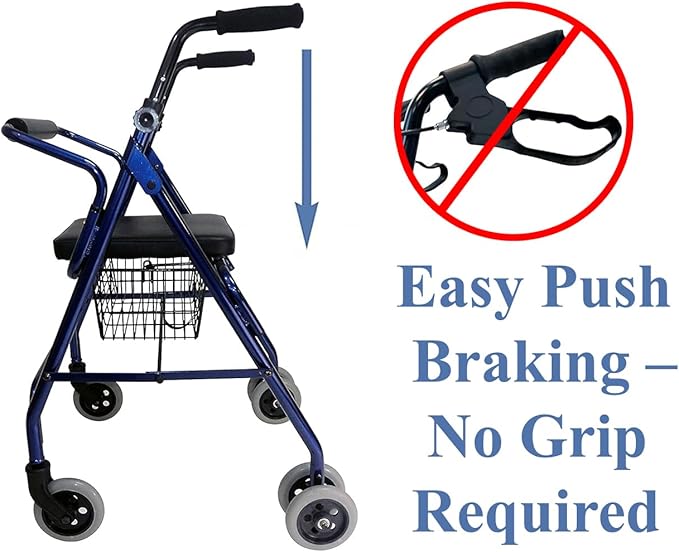 Freedom Lightweight Folding Aluminum Rollator Walker with 5-inch Wheels, Adjustable Seat Height Push Down Brake for Weak Grips with Basket (Midnight Blue)
