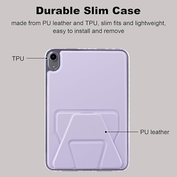 Dteck for iPad mini (A17 Pro), Mini 6 (6th Generation) 8.3" Slim Case with Kickstand/2 Screen Protector Films/Stylus, Ultra Thin Lightweight Solid Color PU Leather Protective Back Cover Shell, Purple