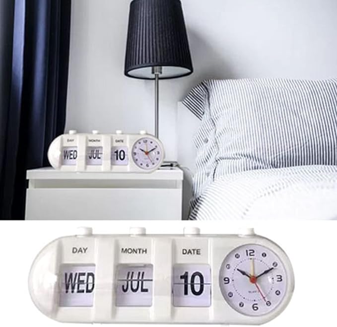 Flip Clock, Retro Table Clock Non Ticking Calendar Alarm Clocks Jump Desktop Clocks with Date, Month, Day of Week Display (White)