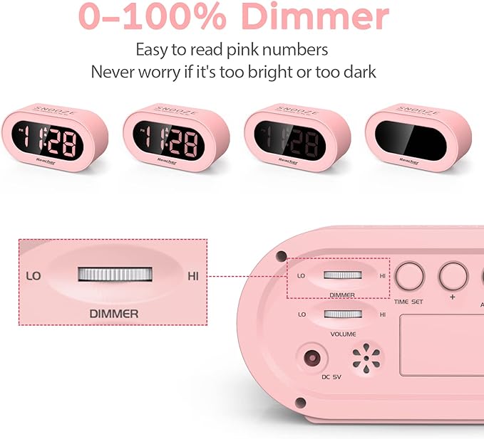 REACHER Pink Girls Alarm Clock for Kids Bedroom, Dimmable LED Digital Display, Outlet Powered, Adjustable Volume, Simple to Use, Snooze, Small Size for Bedside, Desk, Toddler