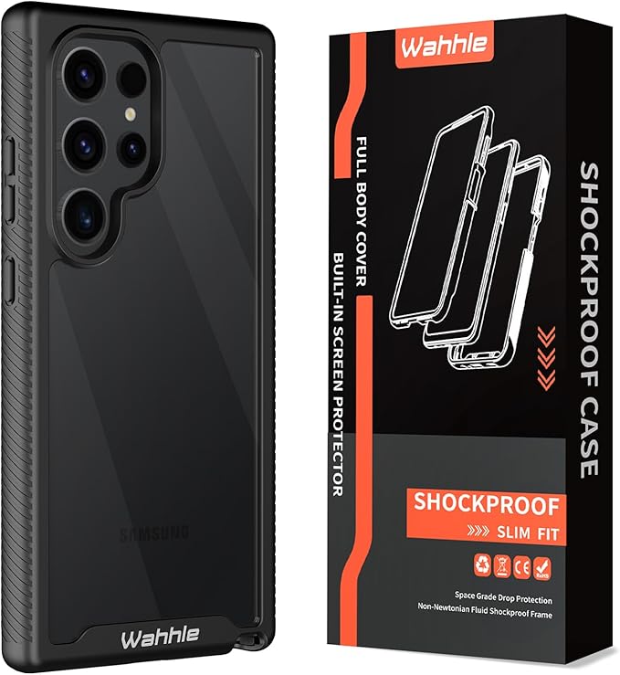 wahhle Compatible with Samsung Galaxy S24 Ultra Case, Built in Screen Protector Full Body Shockproof Slim Fit Bumper Protective Phone Cover 5G 6.8'' -Black/Clear