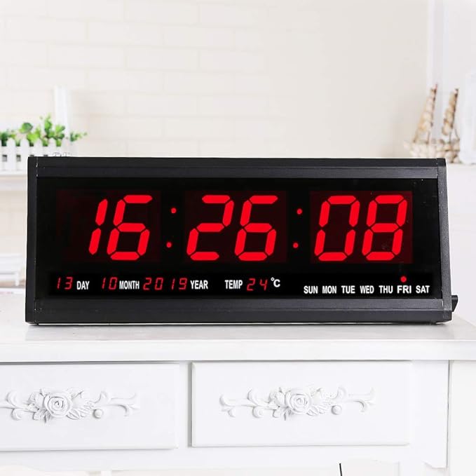 Rsobl 18.9 Inch Oversized LED Digital Wall Clock Large Display with Indoor Temperature Date and Day of Week,Electric Wall Clock/Calendar Timer Home Decor -Red