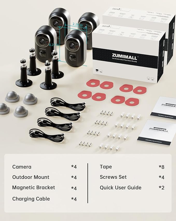 ZUMIMALL Security Cameras Wireless Outdoor 4-Pack 2K Home Security WiFi