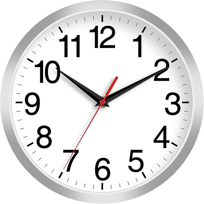 Rohioue 14 Inch Wall Clock Modern Battery Operated Silent Non Ticking Analog Clock Decorative for Bedroom Kitchen Bathroom Office Home Living Room (Silver)