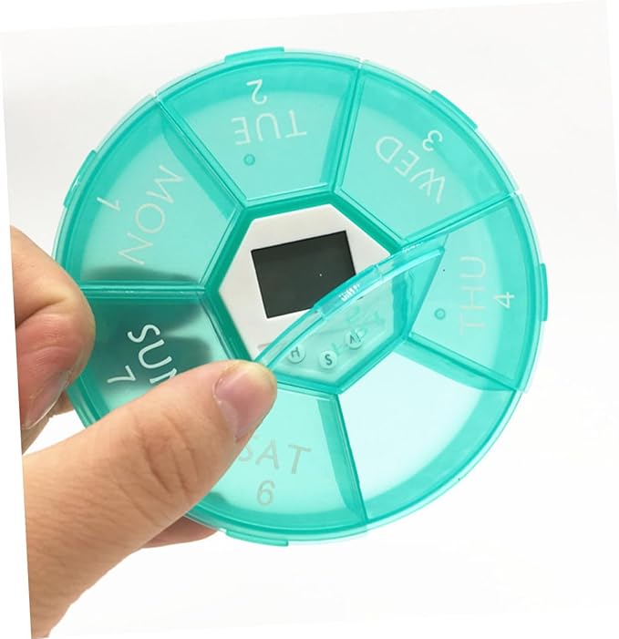 Mikinona Compartment Electronic Alarm Clock Medicine Reminder Box with See-Through Lids Daily Alarms Portable Weekly Pill Organizer for Patients Green English Edition