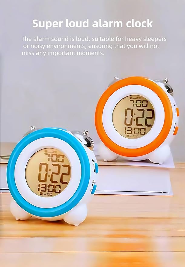 Super Loud Alarm Clock, Twin Bell Battery Operated with Snooze Function, Silent Mode, Backlight Display, Date and Week Calendar, Retro Ringing Design, Suitable for Home Office (Orange)