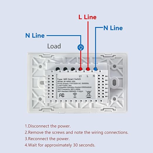 20A WiFi Smart Light Switch 4.65 X 2.83 X 1.34 Inches,1-Button,2.4GHz Wi-Fi Touch Switch,Neutral Wire Required,Work with Smart Life/Tuya App and Alexa,White