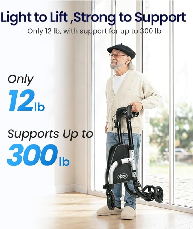 VOCIC 3 Wheel Walkers for Seniors,Z25 Pro Foldable Rollator with 8" Airless Tires & Non-Slip Tray, Cane Holder & Cup Holder, Lightweight Three Wheel Rolling Walker Height Adjustable, Supports 300 lbs