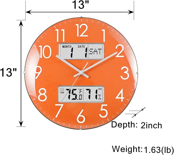 Nbdeal 13-Inch Analog Silent Wall Clock with Calendar Temperature & Humidity (Orange)