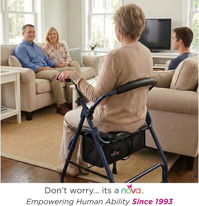 NOVA Cruiser 2 Lightweight Rollator Walker for Beginning Gait Training, 11 lb Foldable Rolling Walker with Seat, Stable Support for Early Mobility