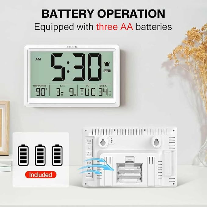 XREXS 10.4 Inch Digital Wall Clock, Battery Operated Large Display Clock, Digital Calendar with Indoor Temperature/Humidity/Date/Day, Auto DST for Classroom, Livingroom, Office(No Backlight)(White)