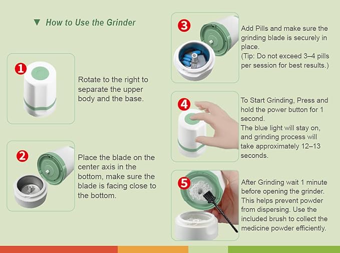 EZ Grind Electric Pill Crusher – Automatic Medication Grinder for Tablets & Vitamins – Rechargeable, Easy to Use, Stainless Steel Blade, Safe & Consistent Results (Green)