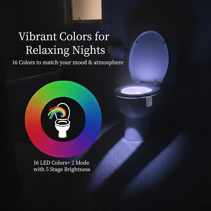 2 Pack Rechargeable Toilet Night Lights with 16-Color Motion Detection - Novelty Bathroom Bowl Light - Cool Funny Birthday Gag Stocking Stuffer Gadget Gifts for Adult Kids Men Father Dad Boys Toddlers