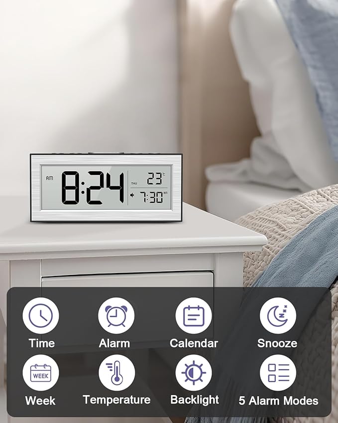 Battery Powered Alarm Clocks, Travel Alarm Clock with LCD Display, 12/24H, 5-Min Snooze, Bedside Clock with Auto Dimming Function and Working Mode, Suitable for Bedroom, Office, Travel