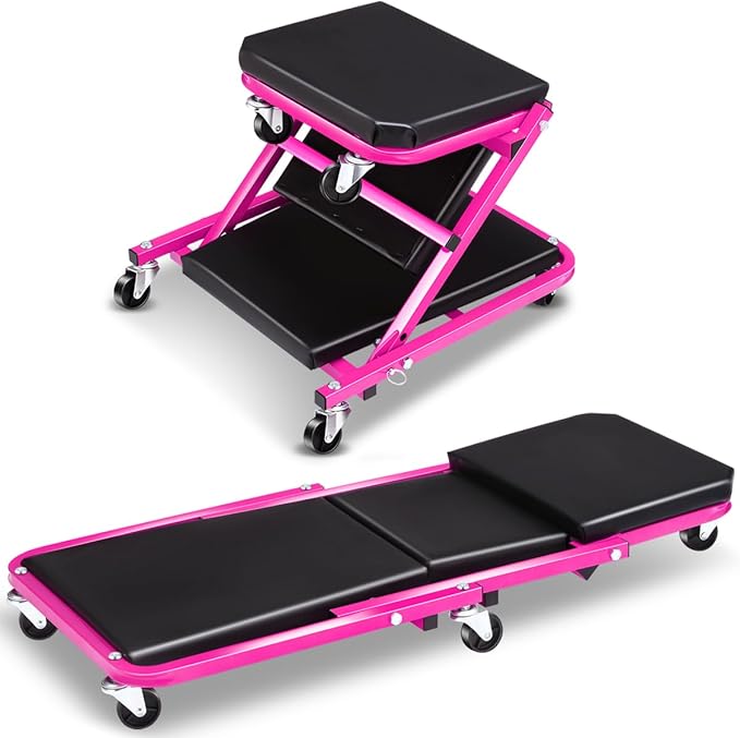 Foldable Creeper, 2-in-1 Rolling Garage Z Creeper Car & Seat, 36" Roller Mechanics Under Car Chair, 330 LBS Weight Capacity Heavy Duty, Rose Pink