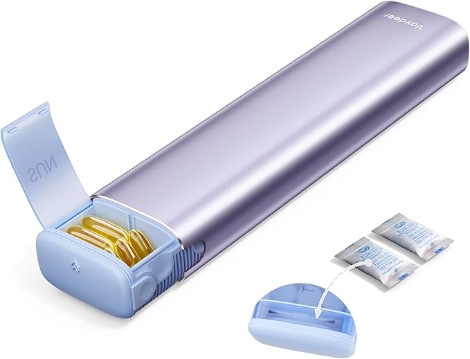 VAYDEER Metal Weekly Pill Organizer – Moisture-Proof Travel Pill Organizer with Built-in Desiccant Chamber and Airtight Lids – Large-Capacity Pill Box for Vitamins, Medicines & Supplements (Purple)
