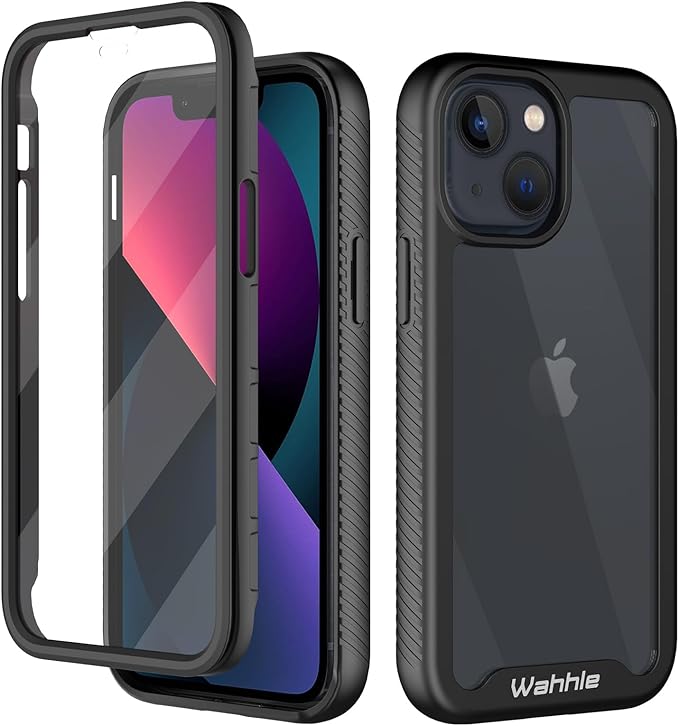 wahhle Compatible with iPhone 13 Mini Case, Built in Screen Protector Full Body Shockproof Slim Fit Bumper Protective Phone Cover 5.4'' Men Women-Black/Clear