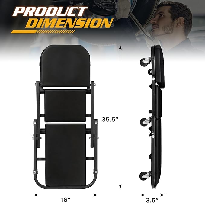 Magshion 36" Z-Creeper Seat Foldable Under Car Creeper, 330 lbs Capacity All-in-One Adjustable Roller Garage Chair Lay Down or Sit, 6 Wheels (Black)