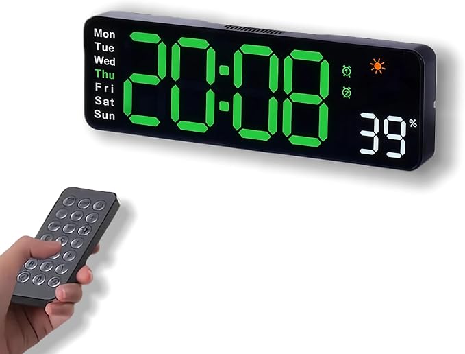 Large LED Digital Wall Clock with Alarm Timer - Auto Dimming Clock with Temperature, Weather and Calendar, Remote Control, Classroom Décor, for Bedroom, Office, Living Room (Green)