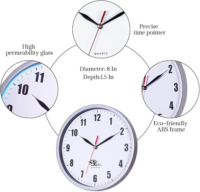 SAC SMARTEN ARTS Silent Wall Clocks Battery Operated Wall Clock for Kids White Non-Ticking Easy to Read Wall Clock for Bathroom Kitchen Living Room Bedroom in 8 Inches