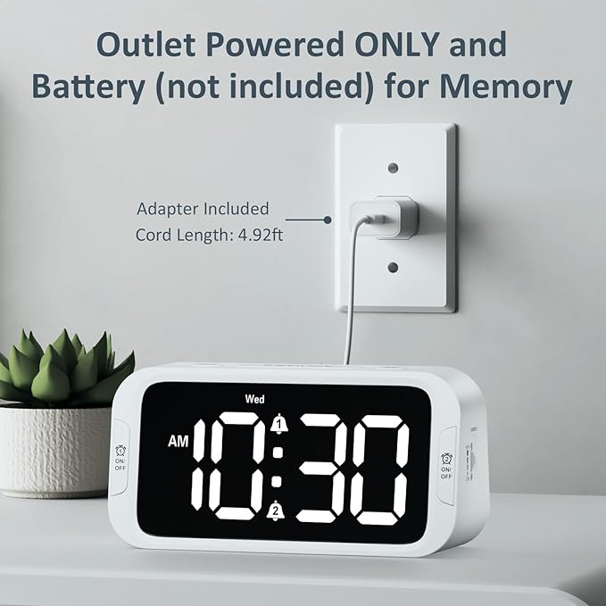 Odokee Digital Dual Alarm Clock for Bedroom, Easy to Set, 0-100% Dimmer, USB Charger, 5 Sound Adjustable Volume, Weekday/Weekend Mode, Snooze, 12/24Hr, Battery Backup, Compact Clock for Bedside(White)