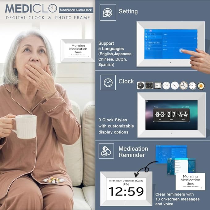 Santek] Large Digital Clock for Seniors - Easy-to-Read Display with Date & Time, Touch Screen, Loud Alarm - Wi-Fi Photo Frame with Weather & Calendar, Adjustable Brightness (White, 7")