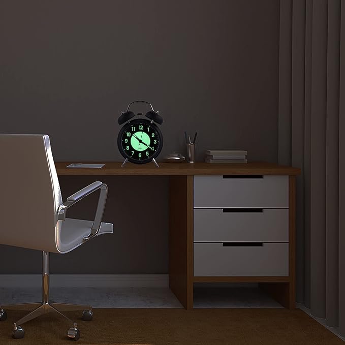 4" Analog Luminous Alarm Clock Twin Bell Silent Non-Ticking Quartz Battery Operated Loud with Backlight for Bedside Table Vintage Retro Style, Decorative Desk Clock