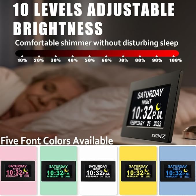 SVINZ Dementia Clock for Seniors, Large Number Digital Calendar Clock with Date and Day of Week for Elderly Alzheimer, 20 Custom Alarms and Tags