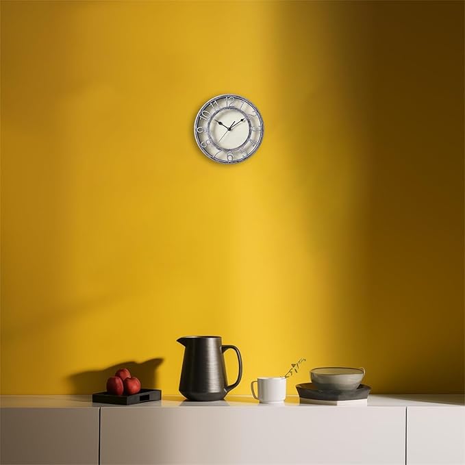 8" Silent Quartz Wall Clock Non-Ticking Digital Silver Clocks with 3D Numbers and Plastic Bezel Easy to Read Vintage Wall Clock