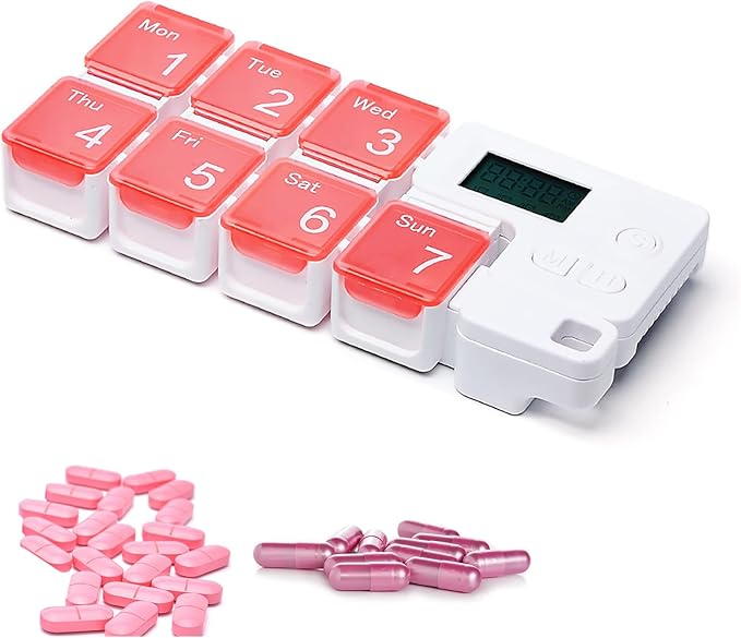 7 Days Pill Dispenser Organizer with Reminder Alarm,Daily Medicine Dispenser,Portable Weekly Pill Box,Travel Vitamins Fish Oils Small Supplements Medicine Box Case (Pink)