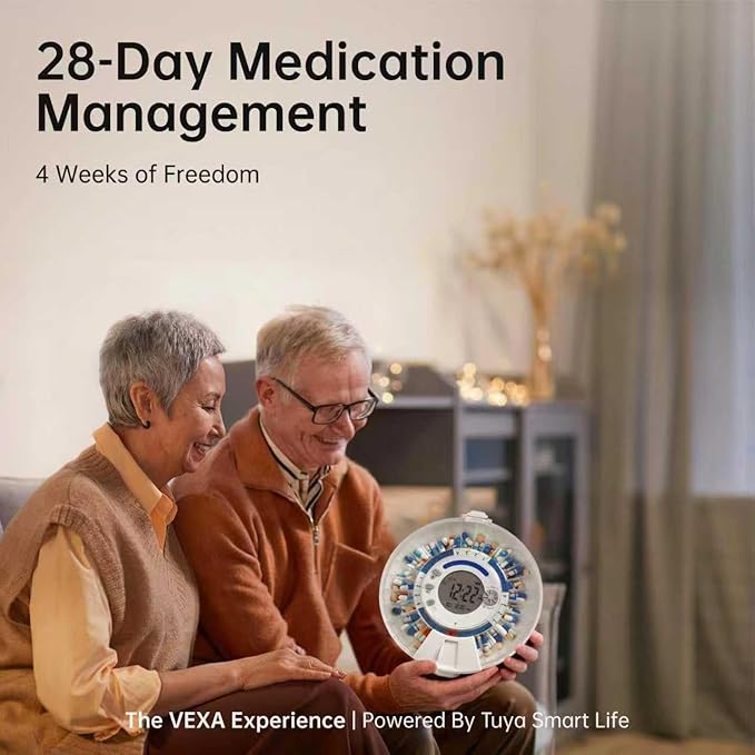 VEXA VitaMate 28 Smart Automatic Pill Organizer with Exclusive Self-Developed App, 28-Slot Monthly Medication Management, App-Connected Sound Alerts, Easy Flip-to-Dispense for Vitamins & Tablets