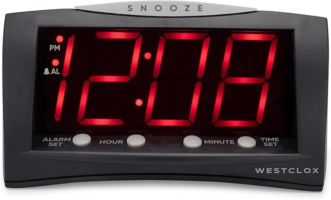 Westclox Digital Alarm Clock for Bedroom or Office, Large 1.8" Red LED Display with Oversized Snooze Bar, Corded with Battery Backup, (Black, 8-Inch)