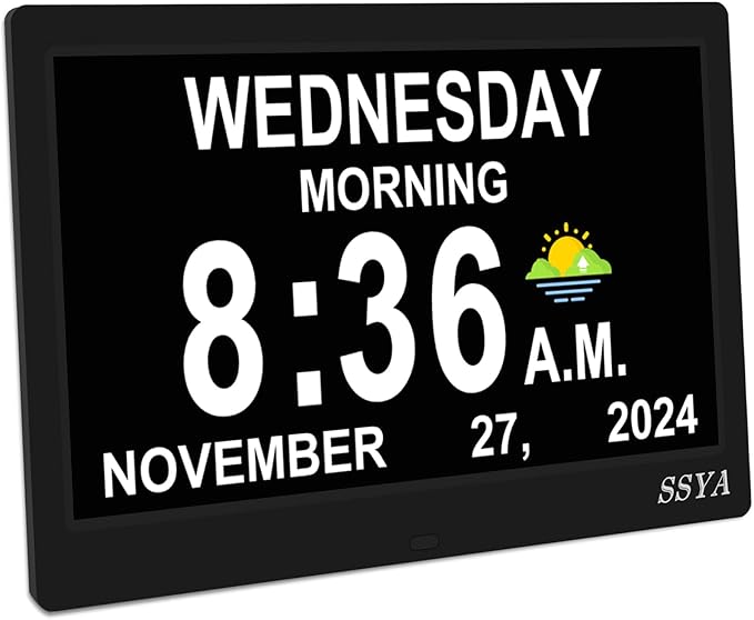 SSYA Dementia Clock for Seniors Digital Large Calendar Alarm Clock Auto DST Black