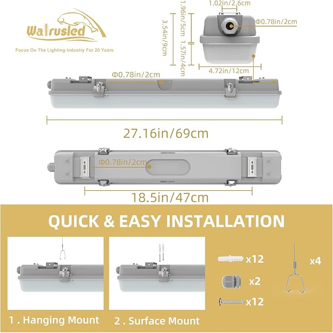 2FT LED Vapor Tight Light, Tri-Level Motion Sensor,IP65 IK08, 10W(1250lm)/20W(2500lm), 5000K, 100-277V, Dimmable, Outdoor Waterproof Shop Light, Vapor Proof Lighting Fixture for Carport, FCC, 2-Pack