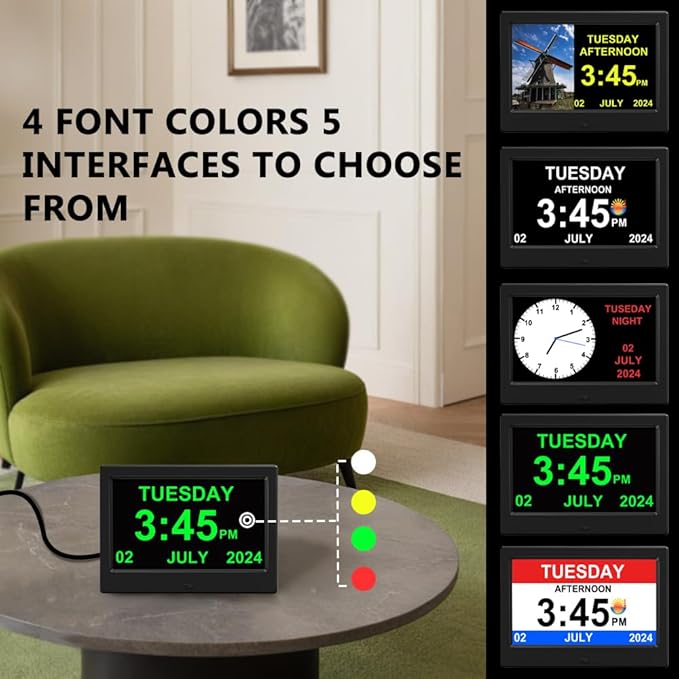 (No Power Adapter Alarm Clock with Day and Date for Elderly 7inch Digital Calendar Clock Photo Frame- Auto Dimmable Display 15 Alarm Options, Clock with Non-Abbreviated Day & Month