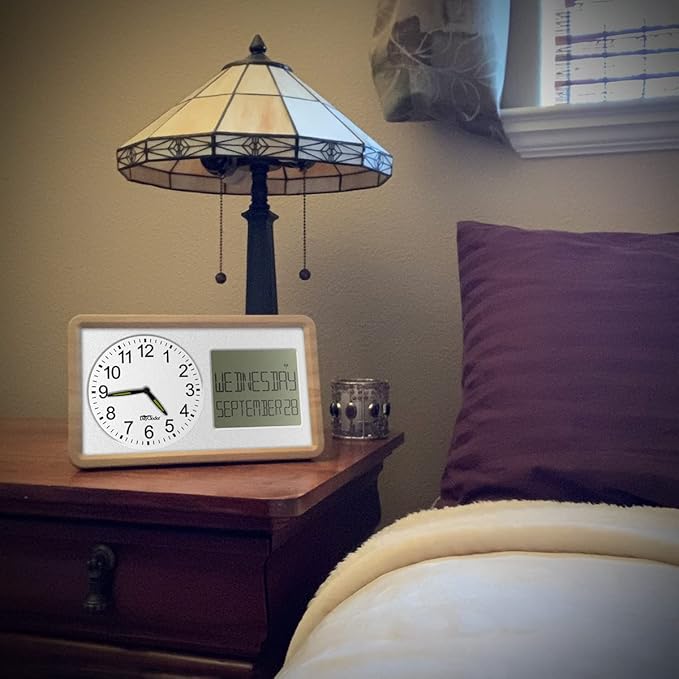 Atomic 10” Clock Combines Analog Time and Digital Display for Day and Date - Battery Powered Soft Display - White with Woodgrain Accent Frame