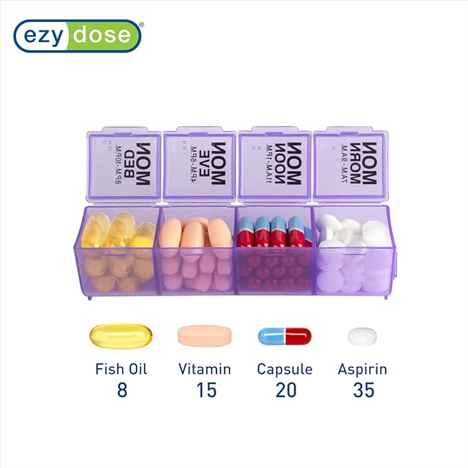 Ezy Dose Weekly (7-Day) Pill Organizer, Vitamin and Medicine Box, Large Pop-Out Compartments, 4 Times a Day, Purple