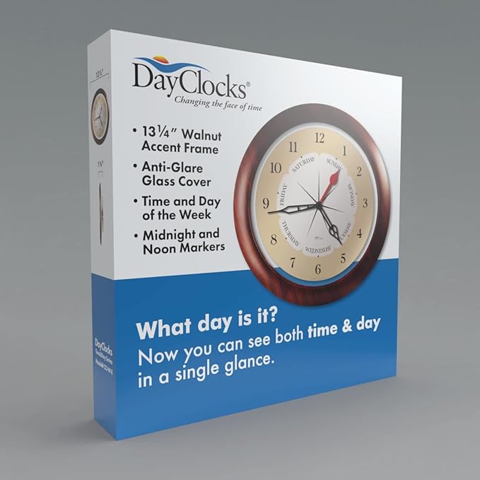 Time & Day of The Week Wall Clock with 13.5” Walnut Accent Frame – – Ideal Retirement Gift for Men and Women, Day Clock for Seniors and Retirees
