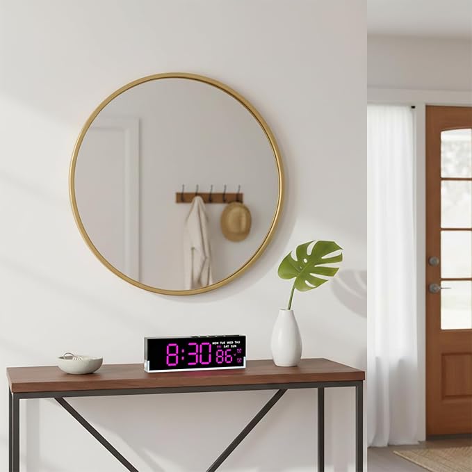JENLYSTIME 7 Inch LED Digital Alarm Clock with Dual Alarms & Bottom Glow｜Displays Time, Date, Day, Temperature ｜3-Level Auto/Manual Brightness, DST, USB or Battery Powered Modern Desk Clock(Rose Red)